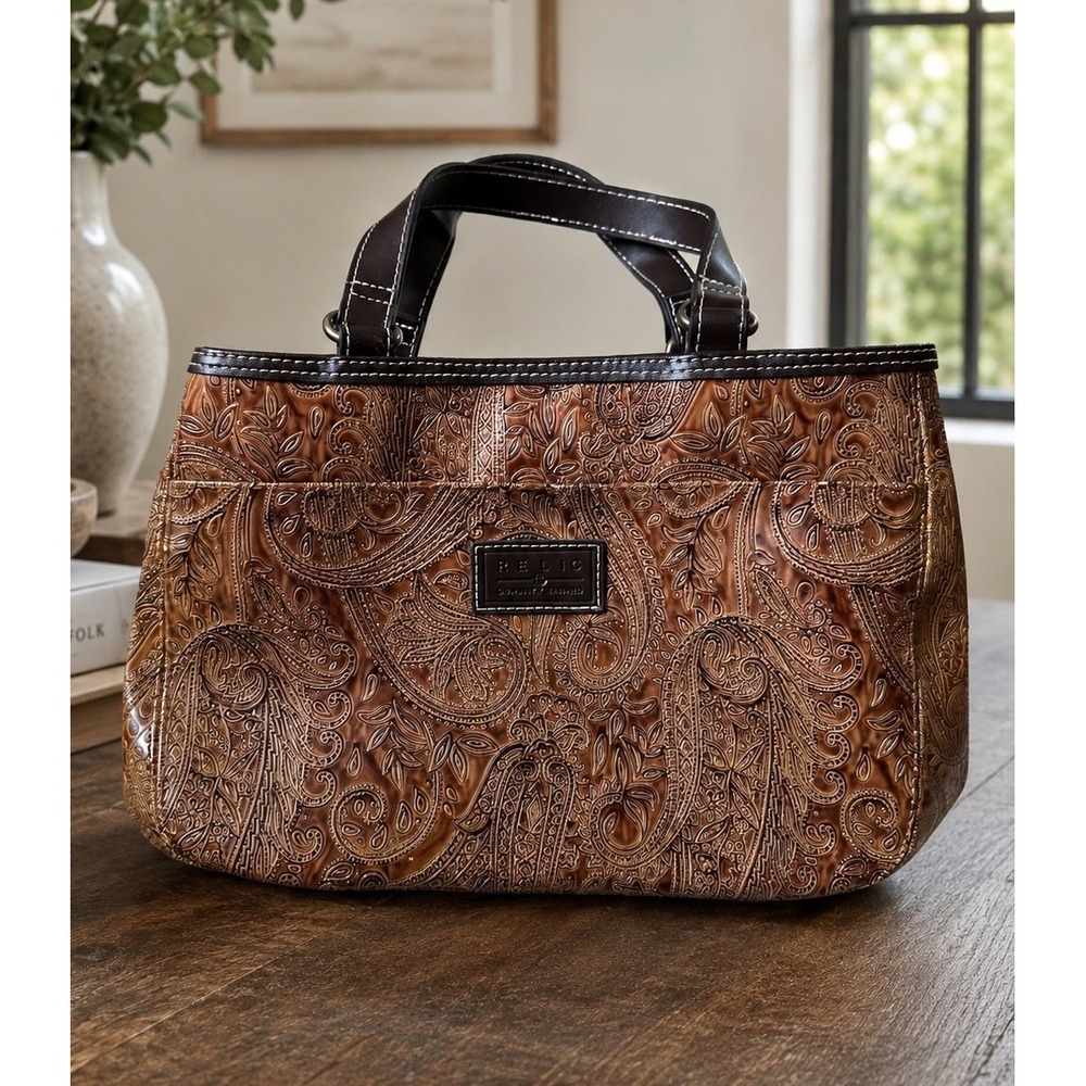 Relic by Fossil Vintage Tooled Paisley Crossbody Bag Brown Faux Leather Vegan